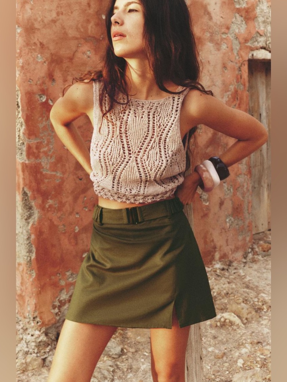 Zara Khaki Linen Blend Belted Skort High Waisted Size S